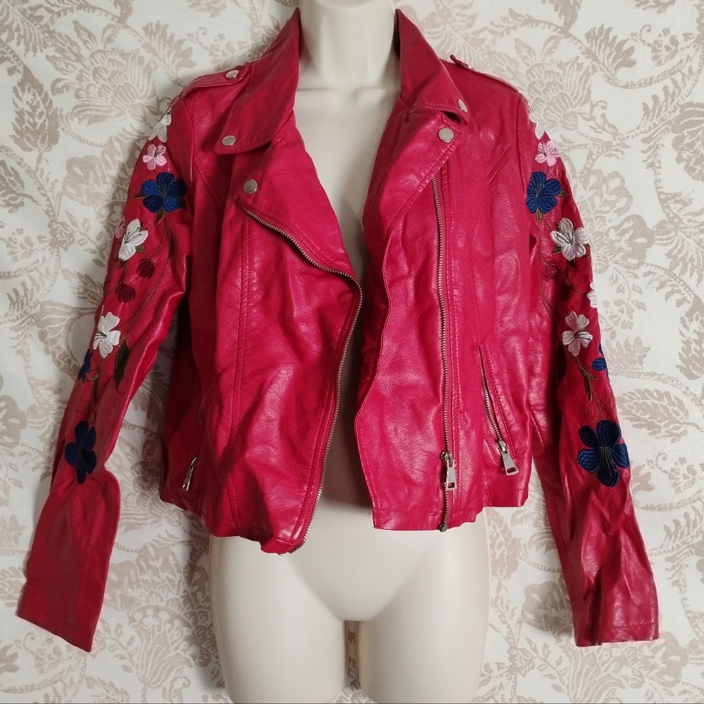 New Look Red Faux Leather Moto Jacket | Floral Embroidered Sleeves | Size M